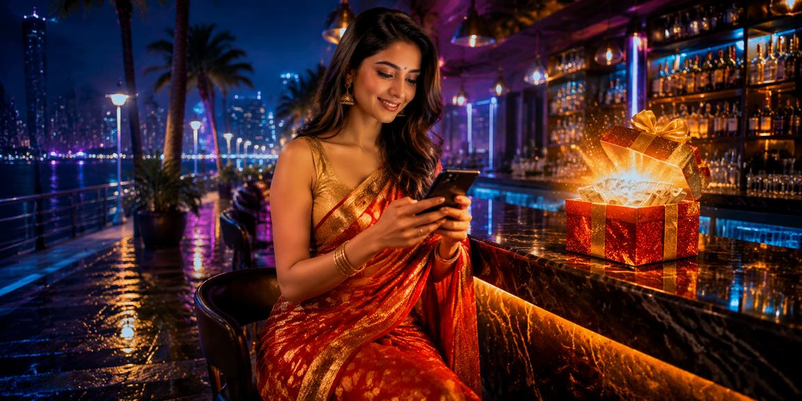 Indian woman using mobile betting app at Mumbai seaside